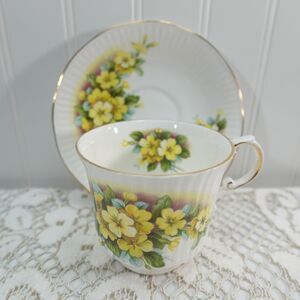 Vintage Queen's Rosina China Tea Cup & Saucer Yellow Primrose Floral Gold Trim
